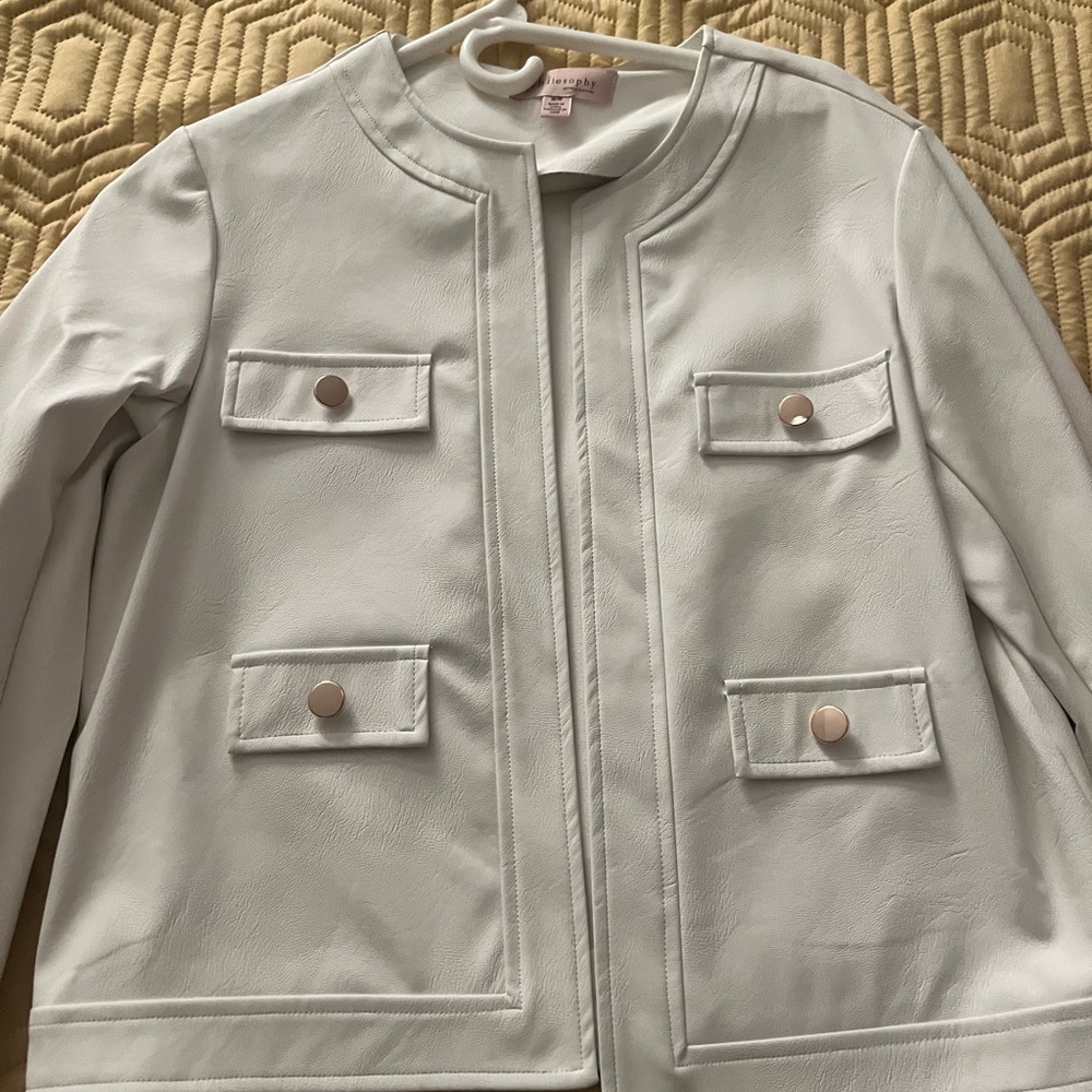 White Faux Leather Jacket with Button Details